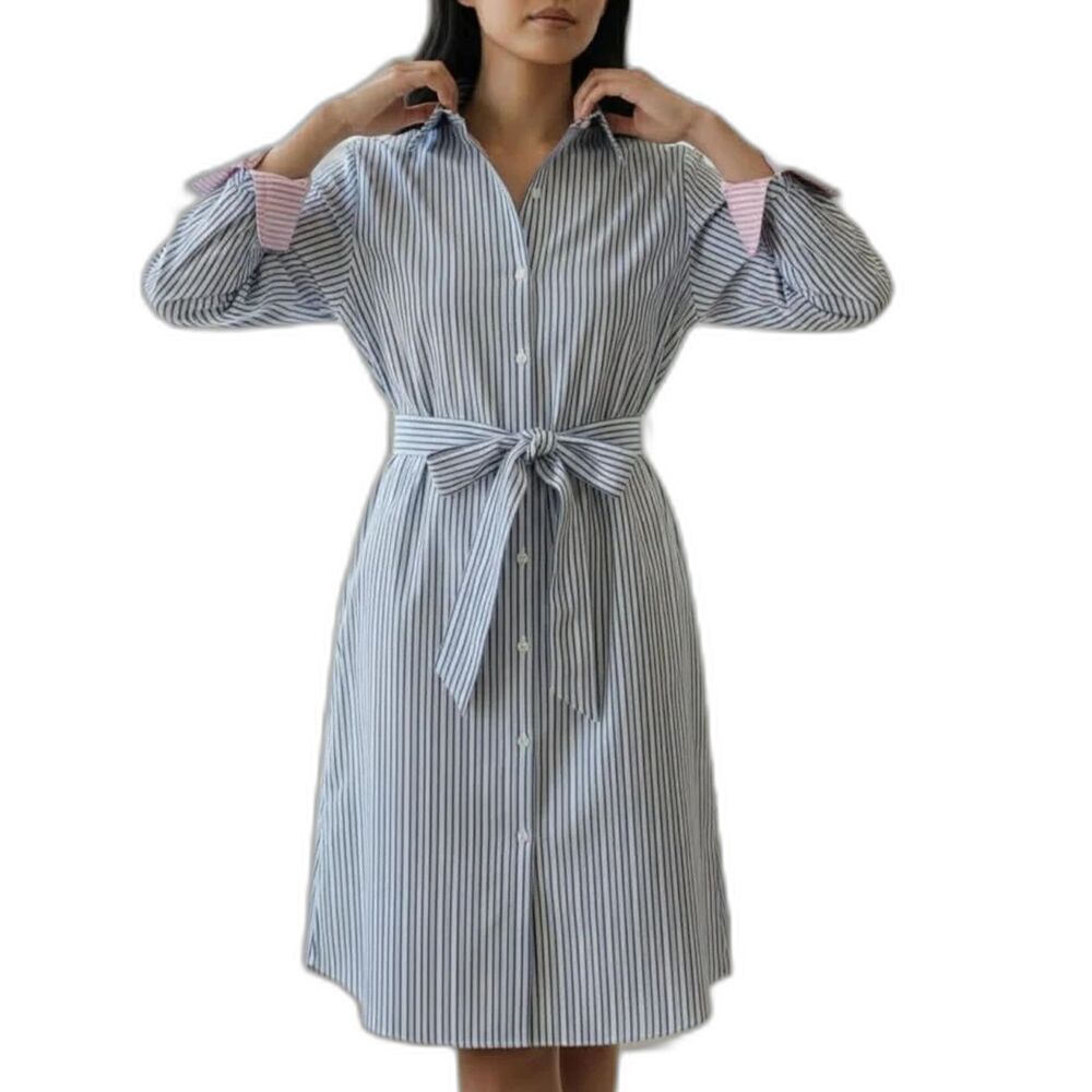 Brooks Brothers 346 Blue Stripe Belted Shirt Dress Pink Cuffs Sz 10